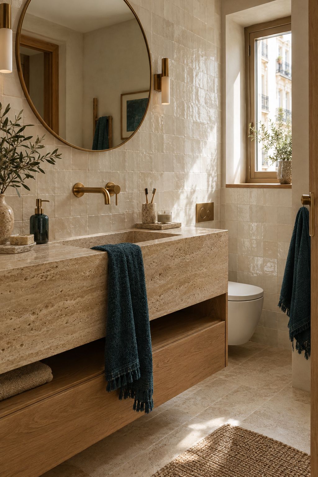 Baño con lavabo de travertino, grifería de latón y azulejo artesanal crema