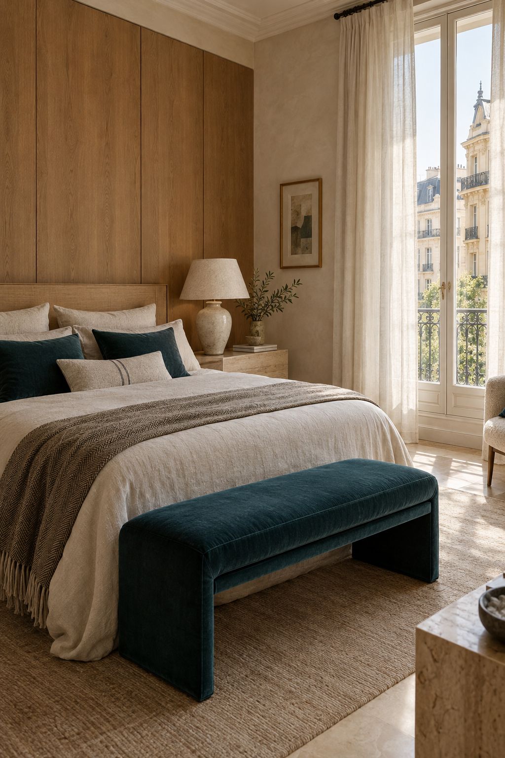 Dormitorio sereno con ropa de cama de lino, cabecero de roble y banco de terciopelo verde