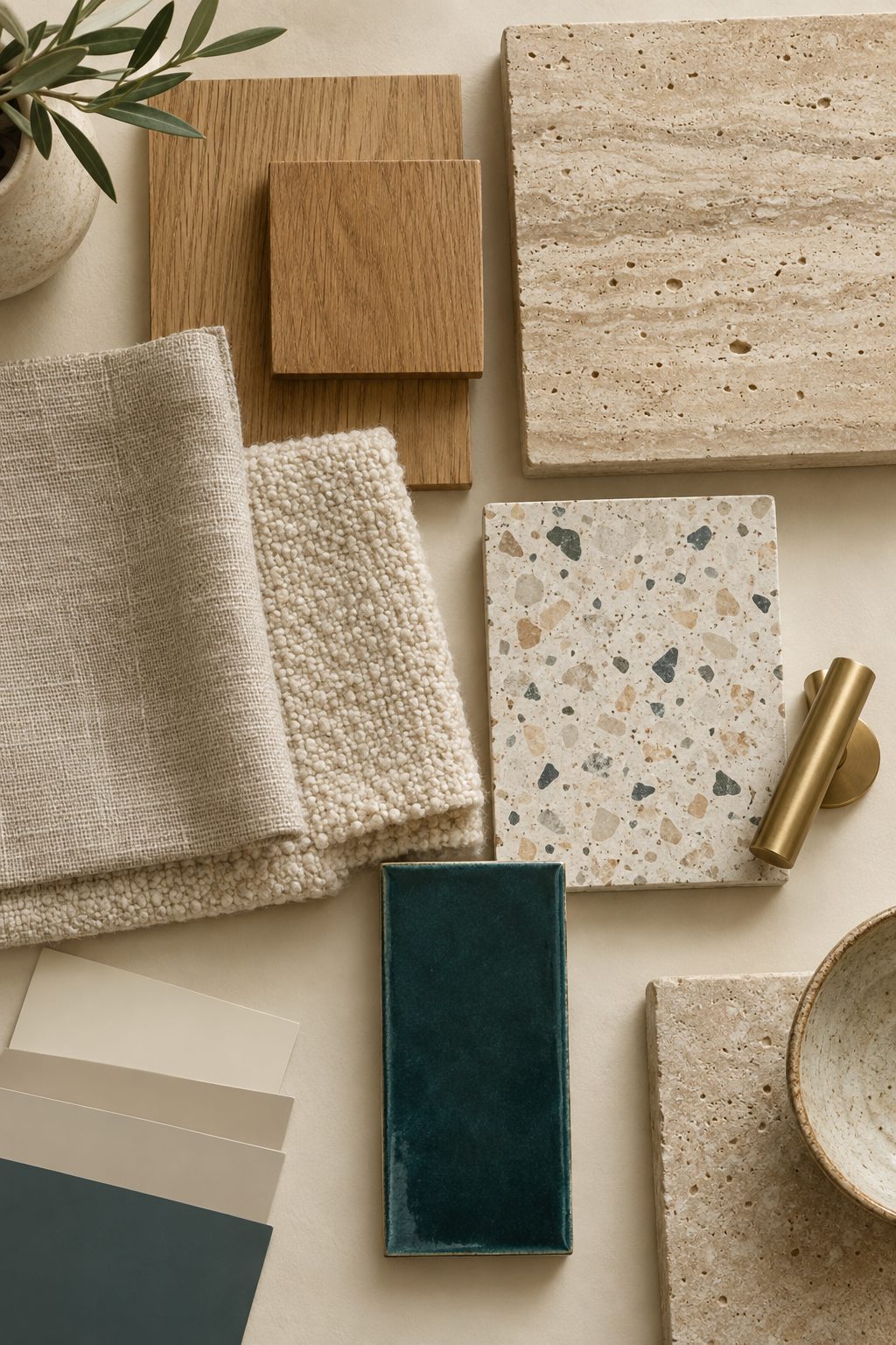 Muestras de roble, travertino, terrazo y tejidos